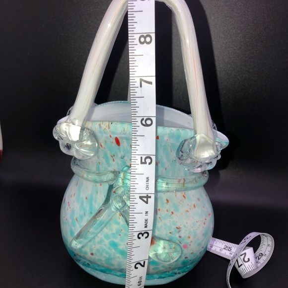 Vintage Block Crystal Art Glass Handbag Mouth Blown Turquoise Blue And Orange - Picture 6 of 8